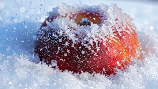 Red apple covered in frost lying on fresh white snow on a sunny winter day, cold fruit concept