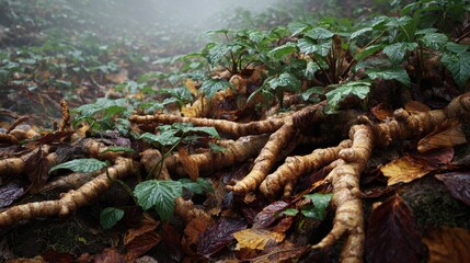 Close-up of large roots and verdant foliage amid fallen leaves on forest floor, shrouded in mist