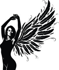 Stylized black silhouette of a graceful woman with large feathered wings, hands raised, isolated on