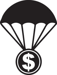 Parachute delivering dollar coin black and white vector illustration representing financial aid monetary relief air drop funding concept