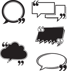 Set of five black outline and solid quote speech bubbles with quotation marks for text communication and dialogue design elements