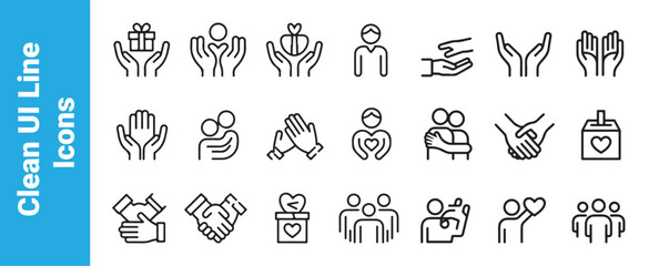 Set of 20 clean ui line icons. hands holding gift heart human praying clapping support