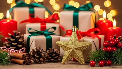 Festive christmas gifts with candles, pine cones, cinnamon sticks and a golden star ornament on wood