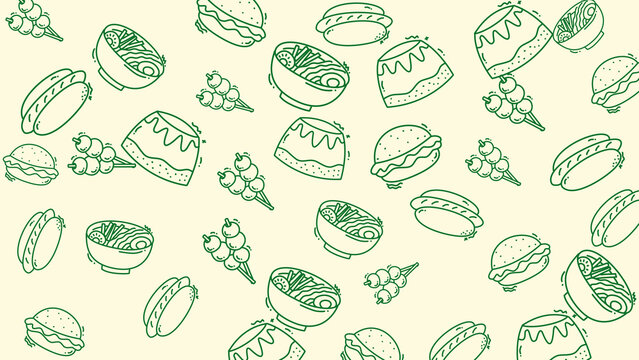 Green doodle sketch patterns of various foods on a light background
