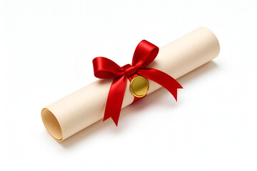 Rolled parchment graduation diploma scroll tied with a red satin ribbon bow and gold wax seal isolated on white