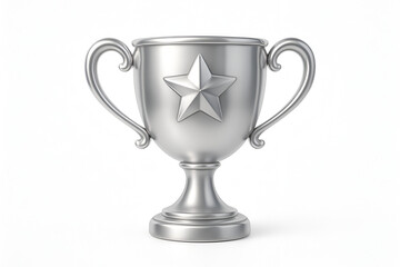 Silver trophy cup featuring a star emblem and two handles standing isolated on white background for winner achievement