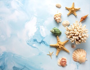 Seashells and starfish on a light blue marble background