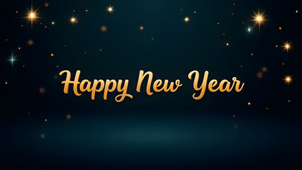Elegant golden "Happy New Year" text against a dark blue background with sparkling stars.
