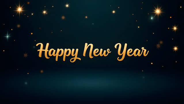 Elegant golden "Happy New Year" text against a dark blue background with sparkling stars.