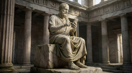 Ancient wisdom encounters modern distraction as a classical stone philosopher sits amongst the ruins scrolling through a digital world.