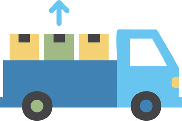 Blue delivery truck carrying shipping boxes with an upward arrow, symbolizing logistics, freight transport, and goods distribution