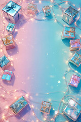 Pastel Christmas gift boxes with fairy lights on blue pink background and copy space