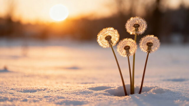 Delicate dandelion clocks withstand the winter chill while glowing with resilience under the warm light of a setting sun.