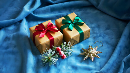 Two wrapped gifts with red and green ribbons on blue fabric with ornament and pine branch decor