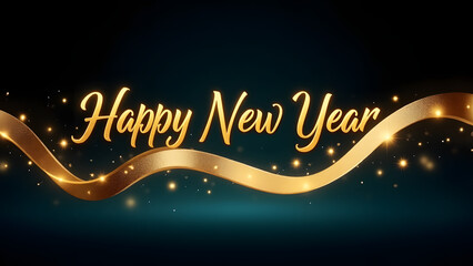 Elegant golden "Happy New Year" text with flowing ribbon and sparkling lights against a dark background.