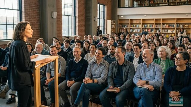 Engaging speaker presents to enthusiastic audience in modern library setting