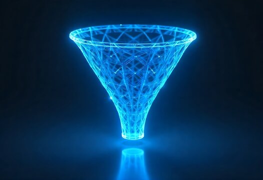 Futuristic polygonal funnel illustrating data flow, analysis, and conversion within digital marketing. Abstract geometric mesh visualizes modern tech strategy, network structure, processing.
