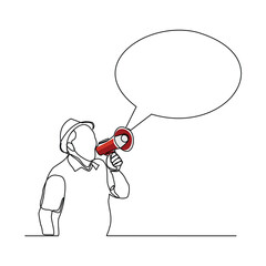 Continuous line sketch drawing of man holding megaphone speaker with bubble chat. Single line art of sound tool equipment editable stroke vector illustration