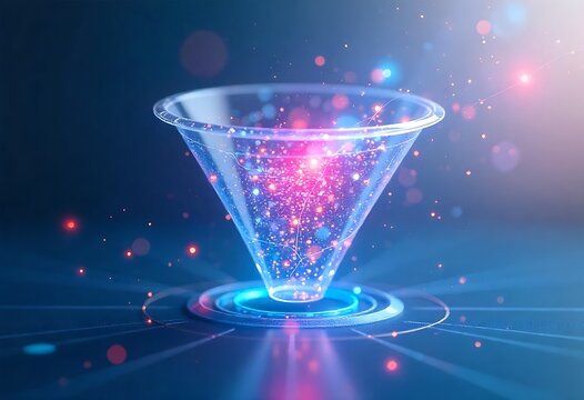Futuristic polygonal funnel illustrating data flow, analysis, and conversion within digital marketing. Abstract geometric mesh visualizes modern tech strategy, network structure, processing.