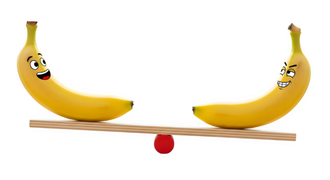 Two bananas with faces balanced on a seesaw, isolated on transparent background