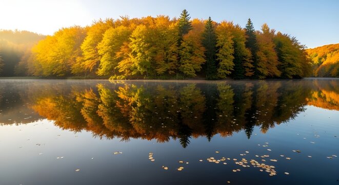 Autumn forest reflecting on the lake at sunrise in yedigoller