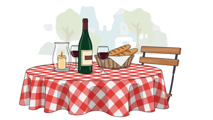 Al Fresco Outdoor Dining Vector Sketch Scene Hand Drawn Bistro Table with Wine and Bread Illustration for Restaurant Patio Menu.
