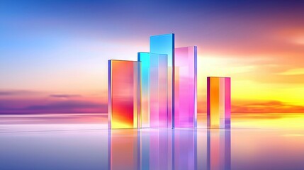 Colorful glass columns reflecting on water against a vibrant sunset sky.