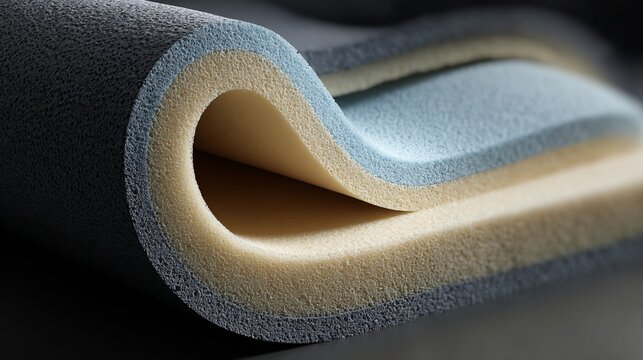 Layers of textured foam material showing gray, tan, & light blue