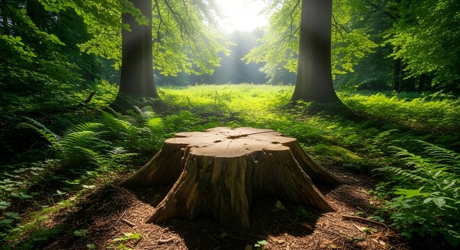 Sunlight streams through the trees onto a tree stump in the forest
