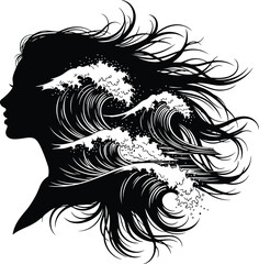 Womans silhouette with flowing hair and ocean waves, symbolizing natural beauty, strength, and freedom, isolated on