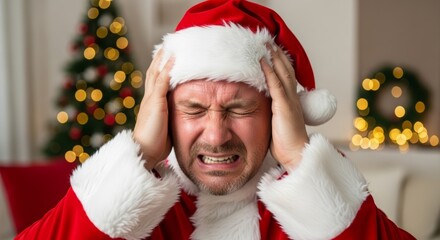 Caucasian man dressed as Santa Claus with hands on head, expressing stress or headache during Christmas. Holiday pressure concept.