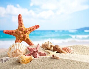 Seashells and starfish on sandy beach, blurry ocean background