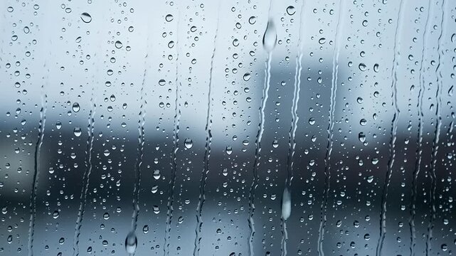 Raindrops cascading down a window on a gloomy day, creating a beautiful blurred effect of the urban landscape beyond the wet glass surface