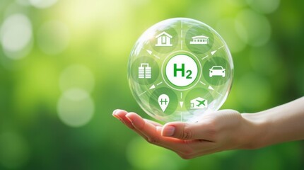 Hand holding a transparent sphere with h2 symbol and green energy icons