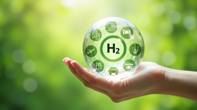 Hand holding a transparent sphere with h2 symbol and green energy icons