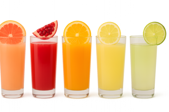 Row of five colorful fresh fruit juice glasses with slices of grapefruit pomegranate orange lemon and lime on the rim isolated on white - Powered by Adobe