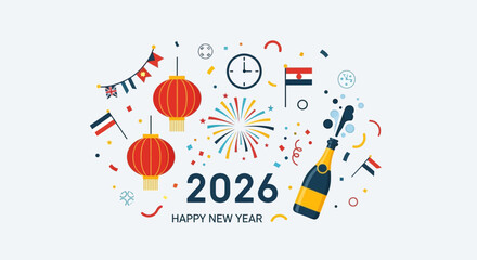 Obraz premium Celebrate New Year 2026 with Festive Lanterns, Fireworks, and Champagne Pops for Joyful Greetings and Global Festivities, a Modern Year End Celebration