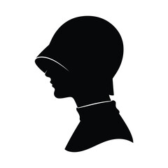 Black silhouette of a persons head in profile, wearing a protective helmet or hat, against a clean