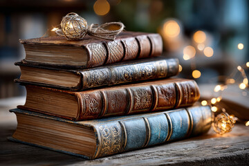 Stack of antique books with decorative lights