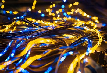 vibrant, chaotic tangle of blue and yellow glowing wires, creating an abstract and festive bokeh background. 