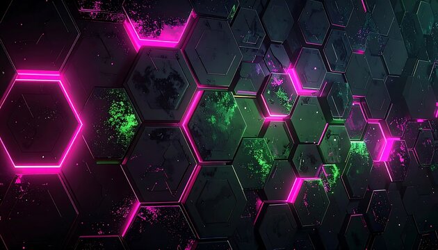 Abstract geometric honeycomb pattern with vibrant pink and green neon glow, textured surface and depth