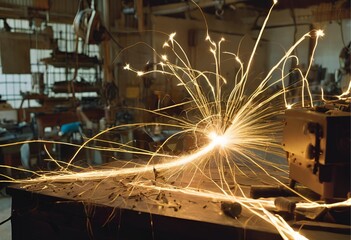 Intense sparks burst from a metal grinding process, illuminating a detailed, rustic workshop environment.
