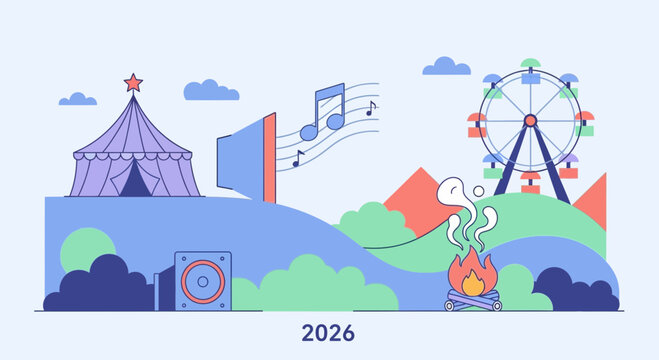 Vibrant 2026 festival celebration with music, Ferris wheel, campground, and circus tent promising fun and entertainment for all ages in a whimsical style