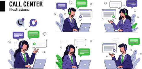 Call center team, customer support, headset communication, online service, help desk, chat bubble icons, flat vector illustration