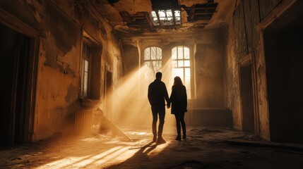 Couple holding hands in an abandoned castle with sunlight beams