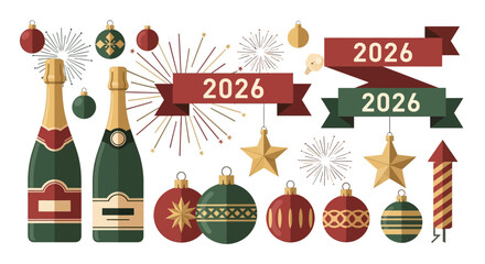 Celebrate 2026 New Year's Eve with Champagne, Fireworks and Ornaments, Get Ready for Joyful Holiday Festivities, Perfect for Party Invitations and Banners