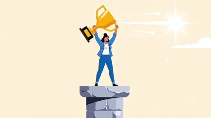 Illustration of woman winner triumphantly holding golden trophy pedestal award success achievement