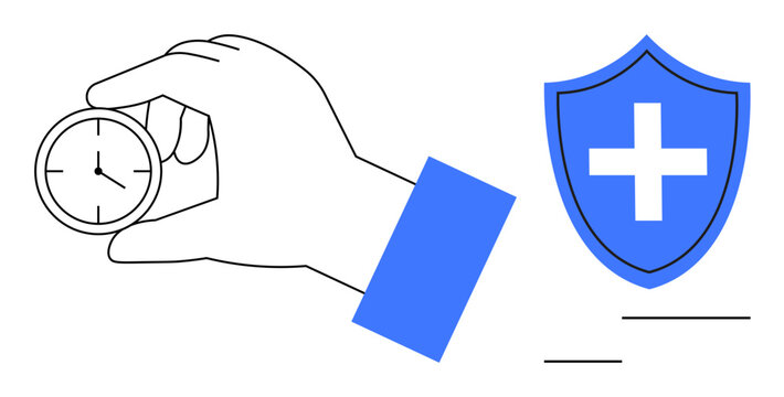 Hand holding a clock beside a shield with a cross. Concept of health, time, security, efficiency, planning, reliability prevention. Ideal for healthcare insurance or productivity themes. Simple