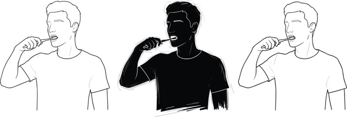 Set of illustrations showing a young man brushing his teeth for dental hygiene, daily self-care routine, morning freshness, oral health, and personal cleanliness concept