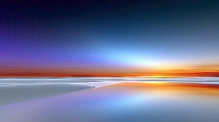 An abstract landscape image with a colorful sunset sky and a reflective surface.